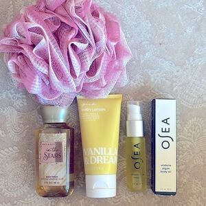 Brand New OSEA Undaria Algae Body Oil Vanilla BBW Body Wash Pink Lotion & Loofah